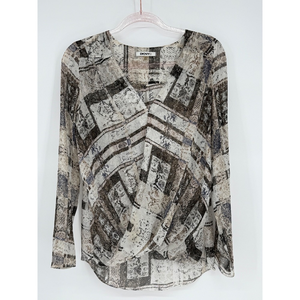 DKNY Printed Long Sleeve Brown White Snakeskin Animal Wrap Blouse Womens Sz S